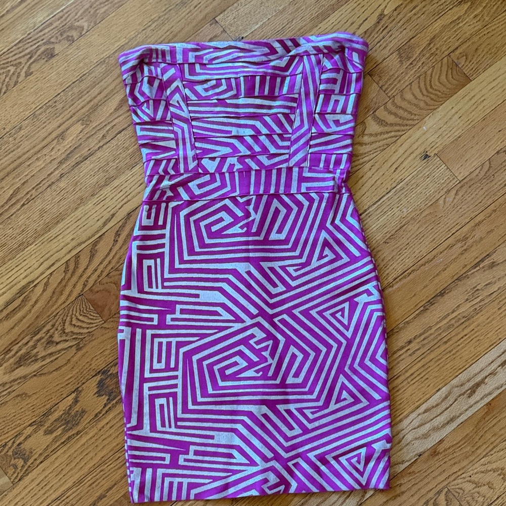 Bebe Strapless Pink & Silver Geometric Bodycon Dress
